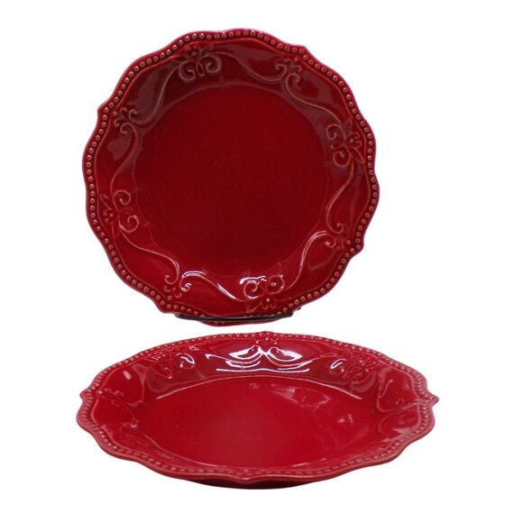 Pioneer Woman Paige Red Scroll Design Beaded Edge Set-2 Salad Plates 8" - Picture 1 of 5